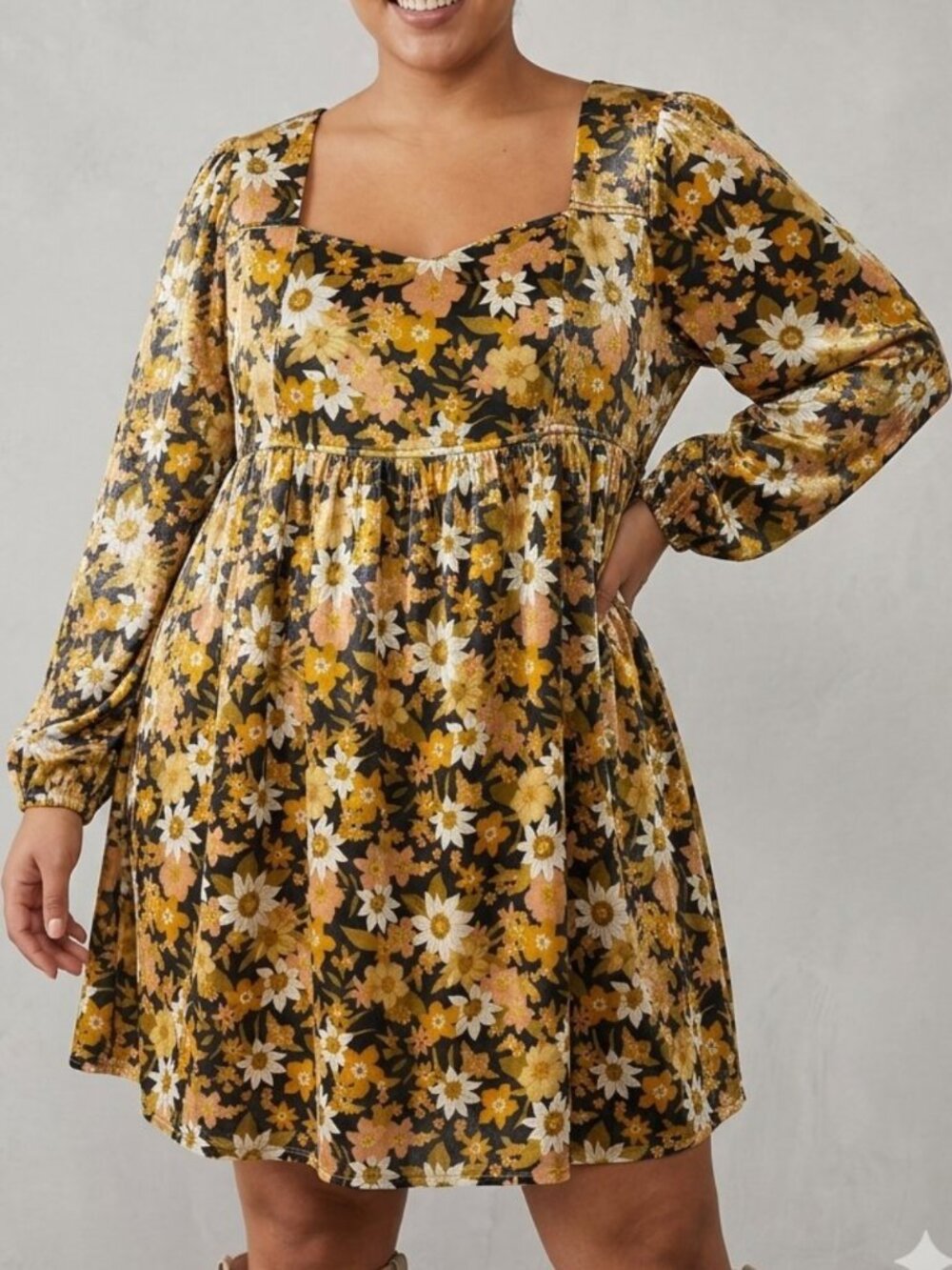 Arula Metallic Floral Peasant Babydoll Back Zip Mini Dress Size 1X Pockets